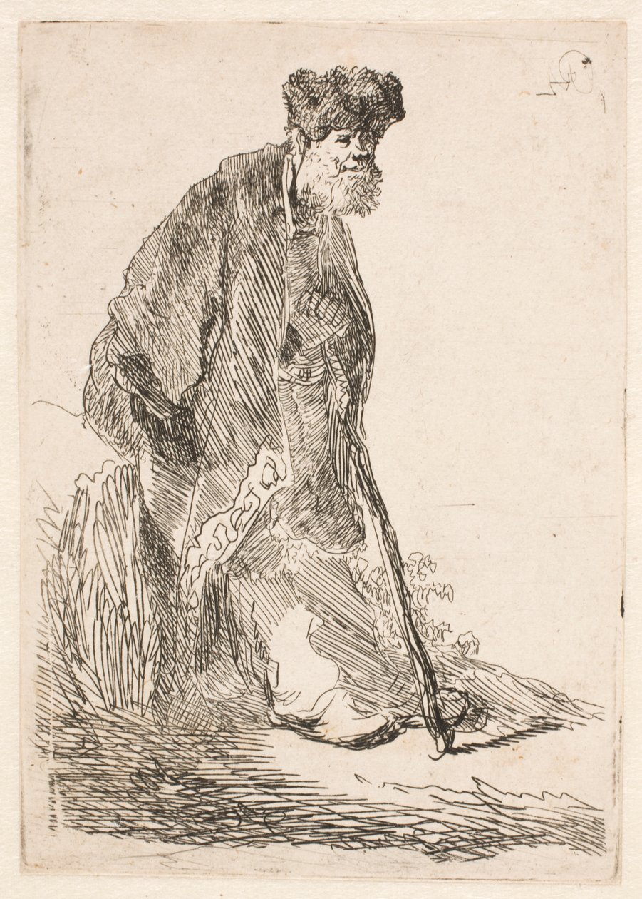 En man i mantel och pälsmössa som lutar sig mot en bänk av Rembrandt van Rijn