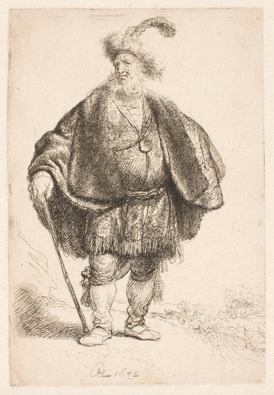 Man klädd i orientalisk dräkt och pälsmössa med fjädrar av Rembrandt van Rijn