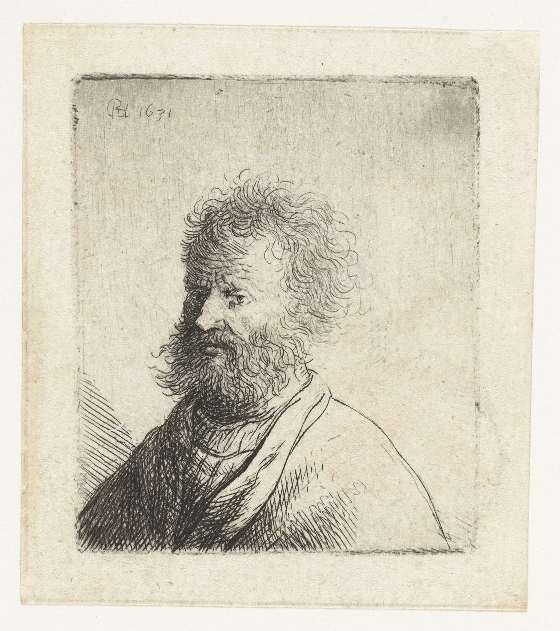 Man med fyrkantigt skägg och lockigt hår: byst av Rembrandt van Rijn