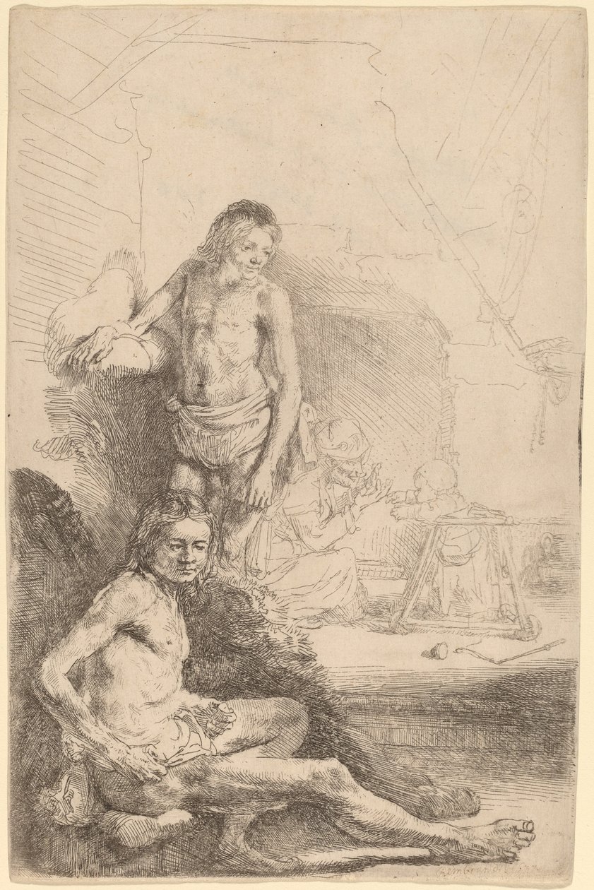 Naken man sittande och naken man stående, med en kvinna och baby i bakgrunden av Rembrandt van Rijn