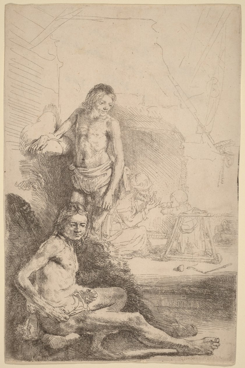 Sittande naken man och stående naken man, med en kvinna och ett spädbarn i bakgrunden av Rembrandt van Rijn
