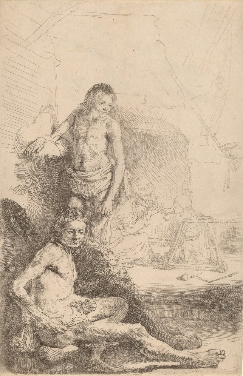 Naken man sittande och naken man stående, med en kvinna och baby i bakgrunden, ca. 1646. av Rembrandt van Rijn