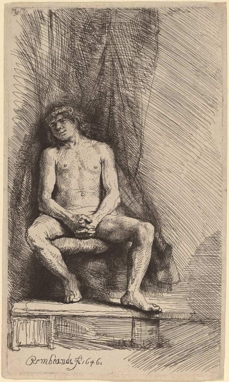 Naken man sitter framför en gardin av Rembrandt van Rijn