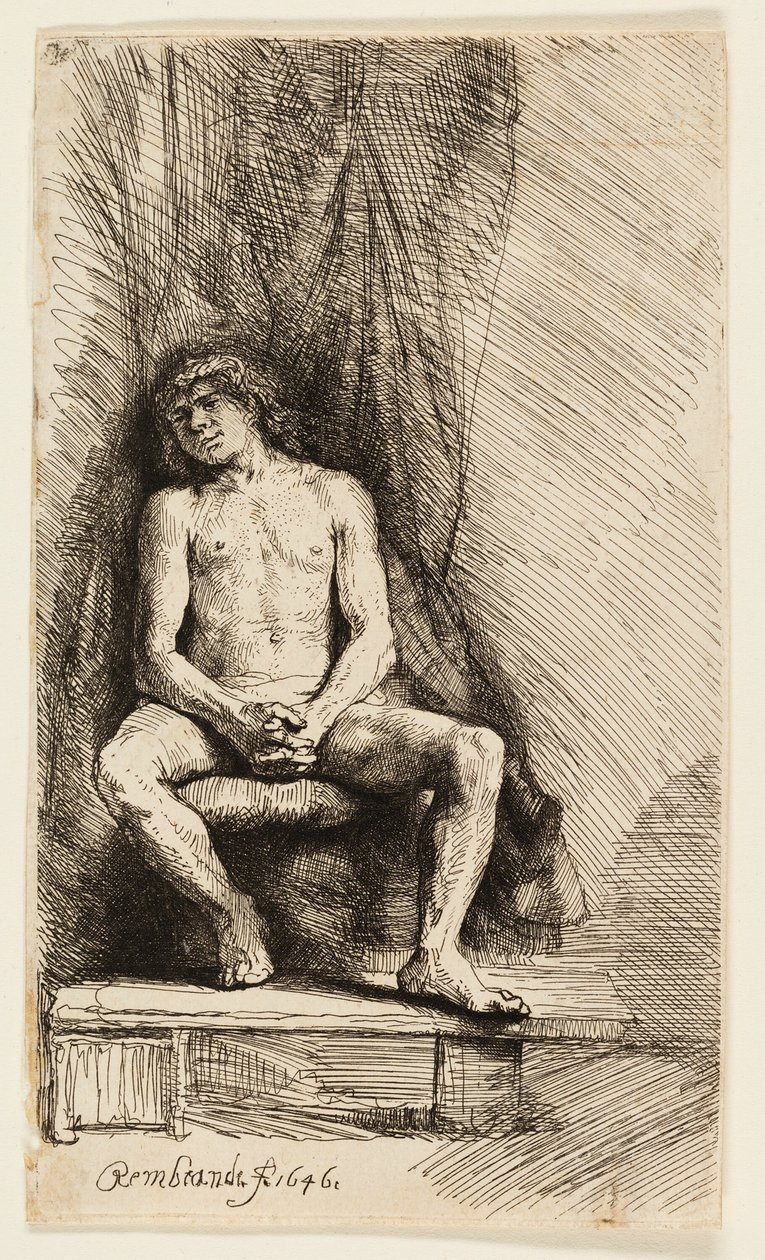 Naken man som sitter framför en gardin av Rembrandt van Rijn