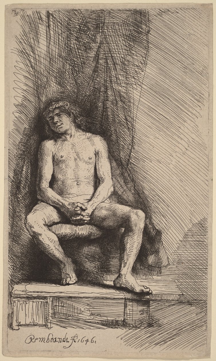 Naken man sittande framför en gardin av Rembrandt van Rijn