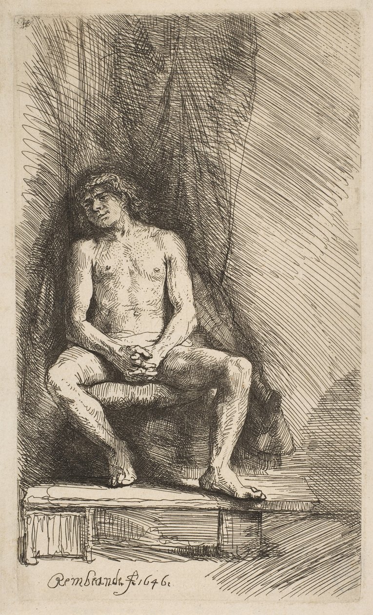 Naken man sittande framför en ridå, 1646. av Rembrandt van Rijn