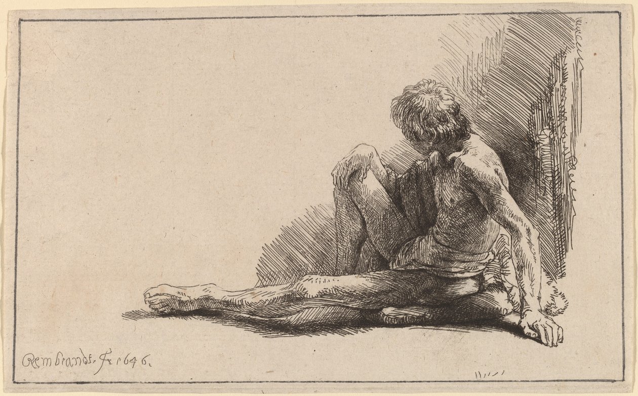 Naken man sittande på marken med ett ben förlängt av Rembrandt van Rijn