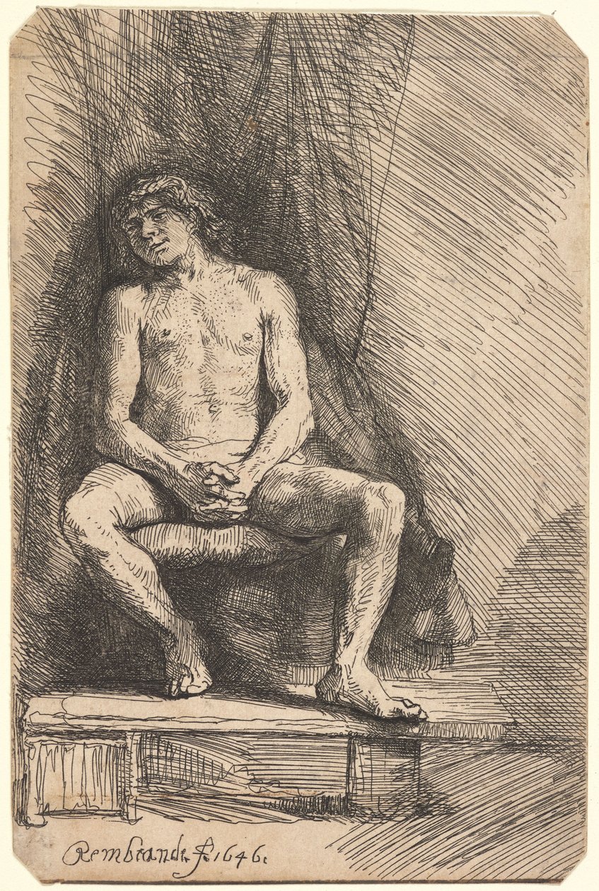 Naken man sittande framför en gardin (BB.46-Bi) av Rembrandt van Rijn