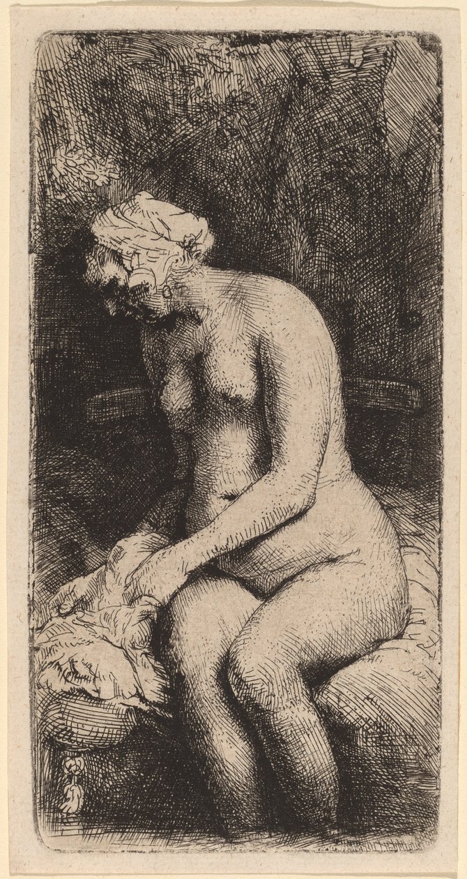 Naken sittande på en bänk med en kudde (kvinna som badar fötterna vid en bäck) av Rembrandt van Rijn