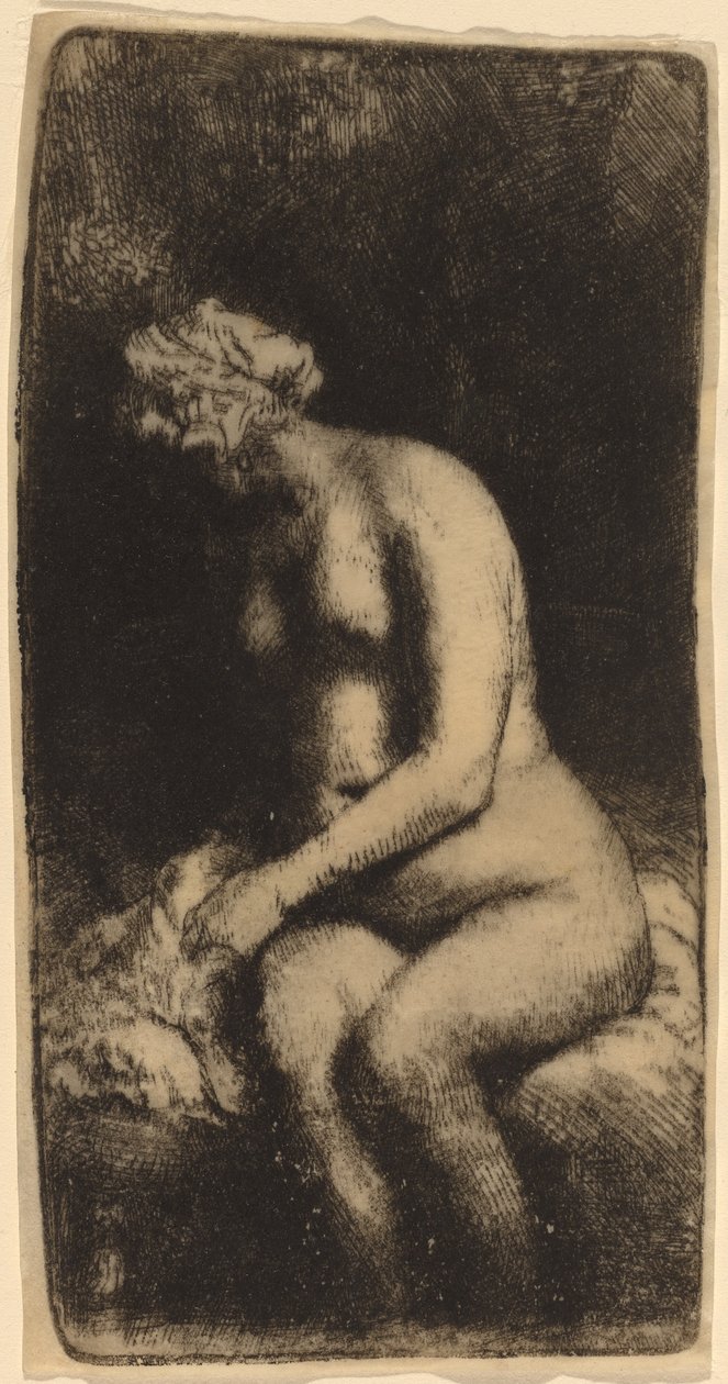 Naken sittande på en bänk med en kudde (kvinna som badar fötterna vid en bäck) av Rembrandt van Rijn