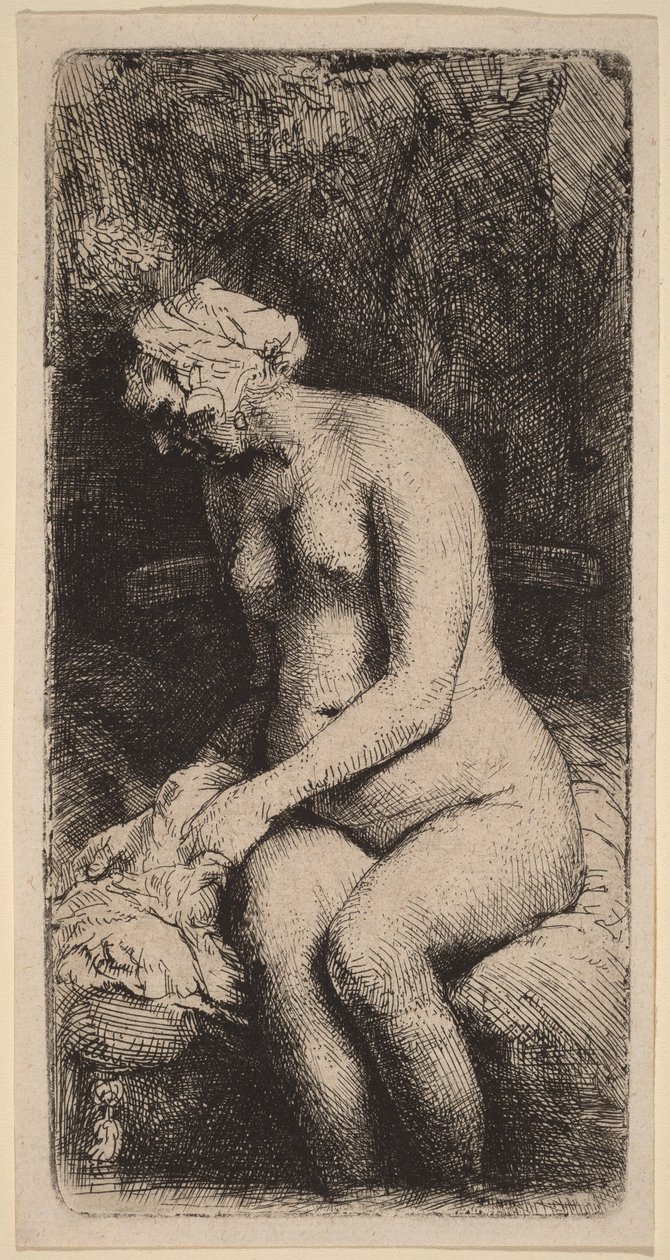 Naken kvinna sittande på en bänk med en kudde (Kvinna som tvättar fötterna vid en bäck) av Rembrandt van Rijn