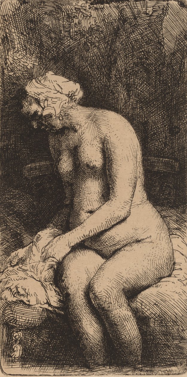 Naken sittande på en bänk med en kudde Kvinna som badar sina fötter vid en bäck, 1658. av Rembrandt van Rijn