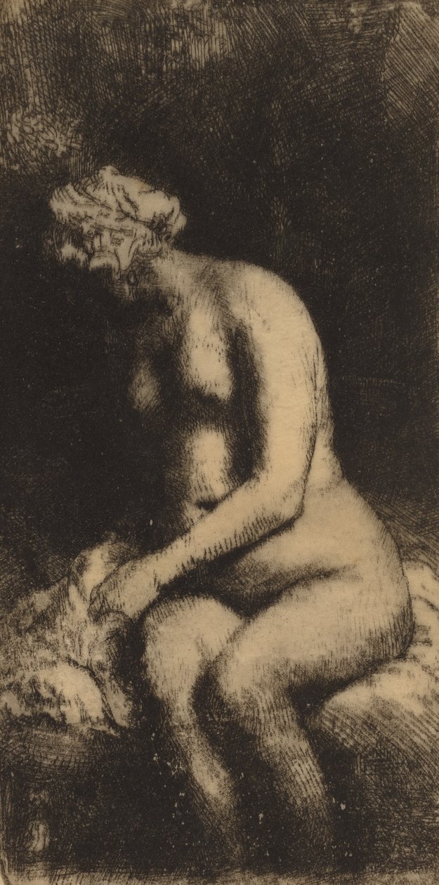 Naken sittande på en bänk med en kudde Kvinna som badar sina fötter vid en bäck, 1658. av Rembrandt van Rijn