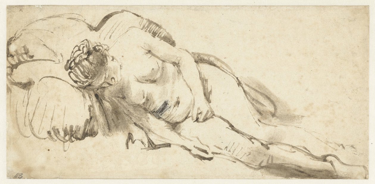 Naken kvinna som ligger på en kudde av Rembrandt van Rijn