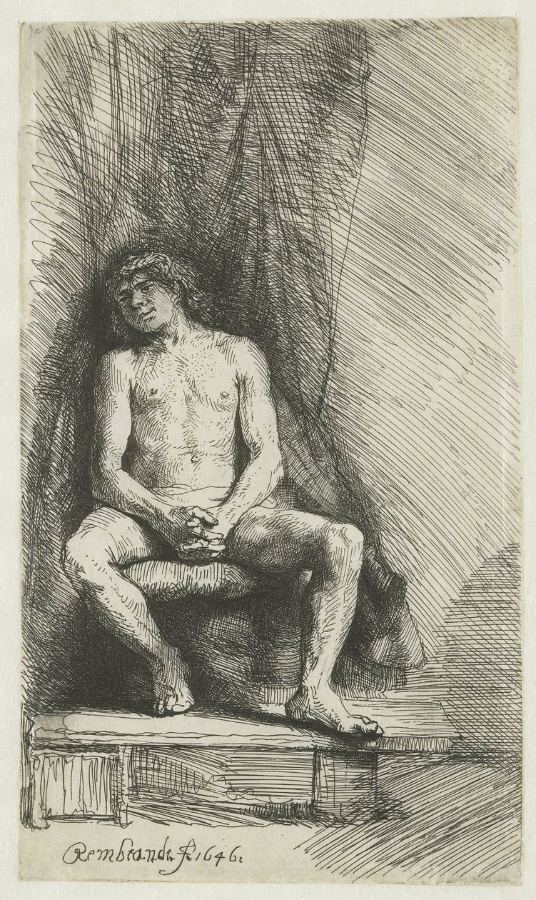 Naken ung man, sittande framför en gardin Naken man som sitter framför en gardin av Rembrandt van Rijn