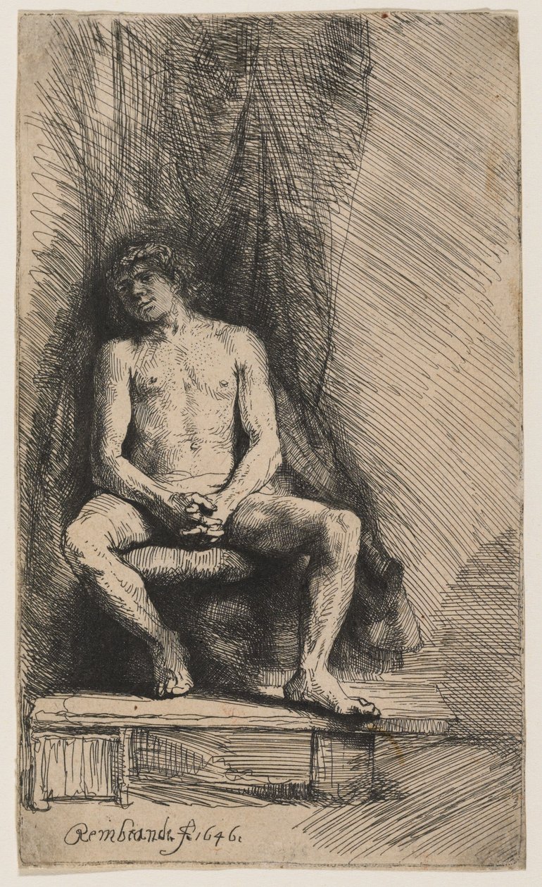 Naken ung man sittande framför en gardin av Rembrandt van Rijn