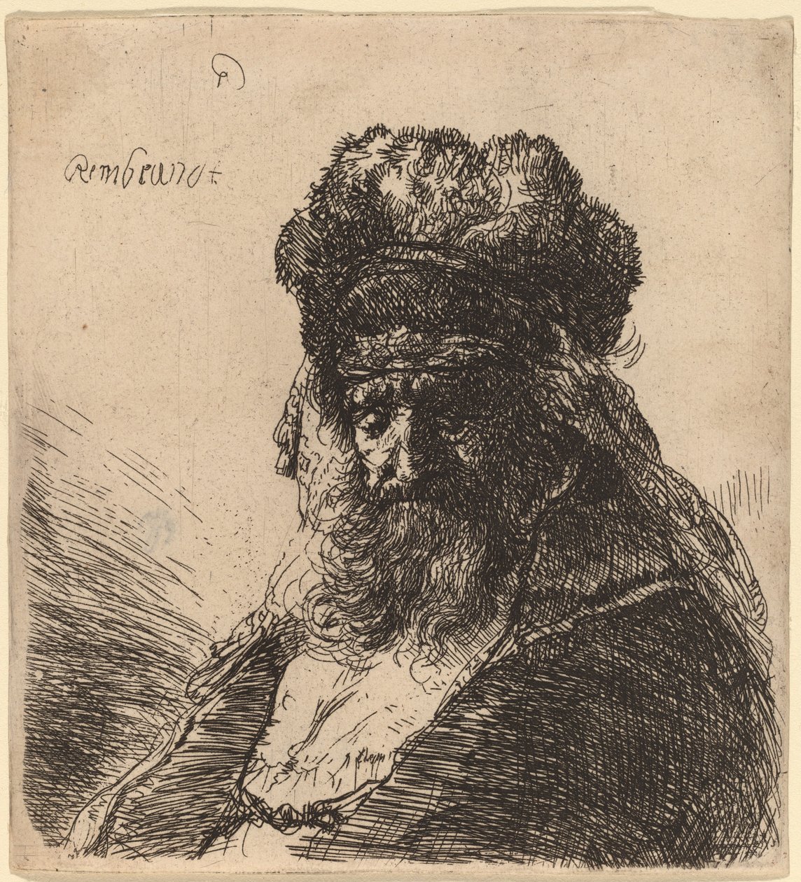 Gammal skäggig man i en hög pälsmössa, med slutna ögon av Rembrandt van Rijn