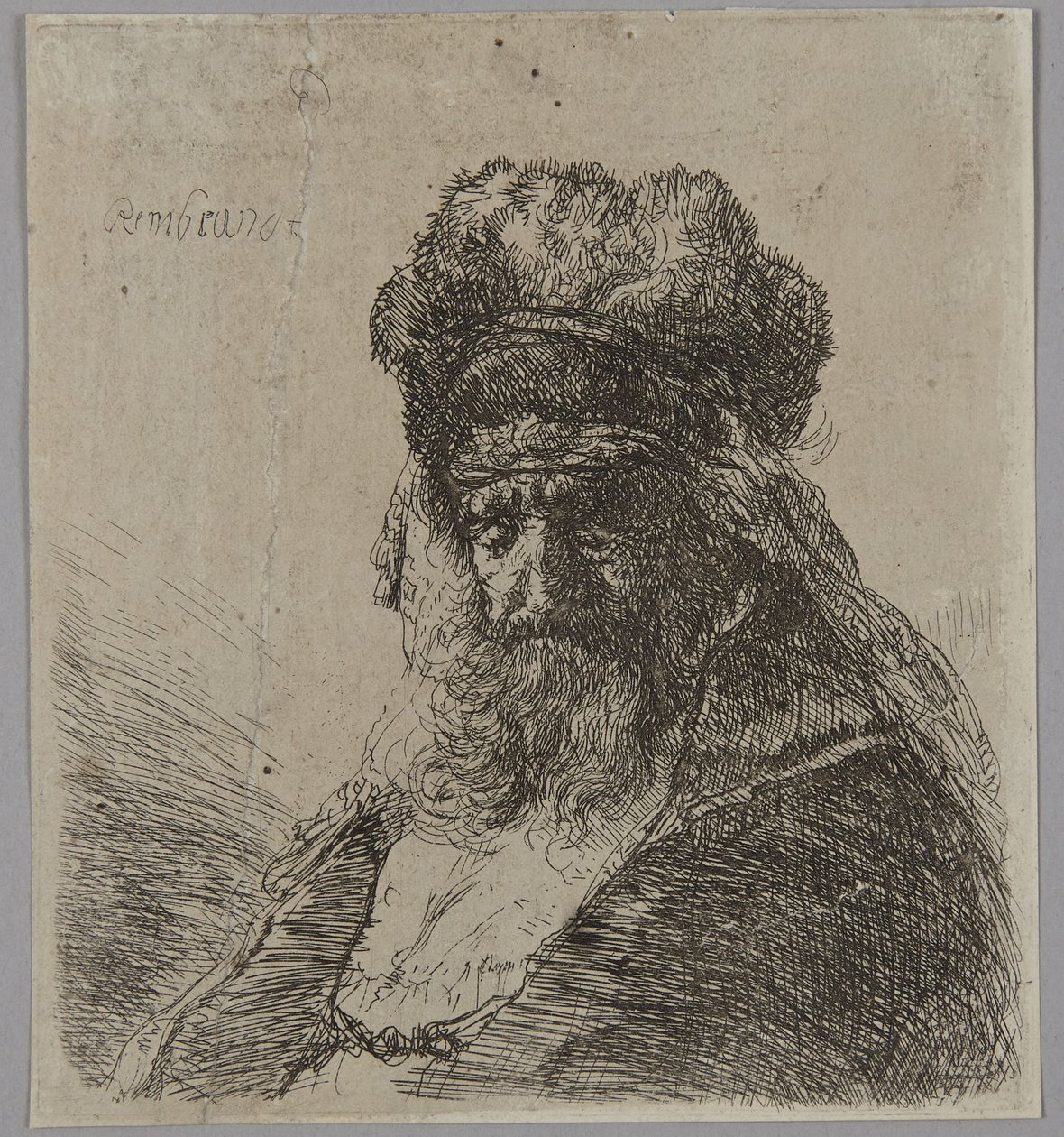 En gammal skäggig man i en hög pälsmössa, med slutna ögon av Rembrandt van Rijn