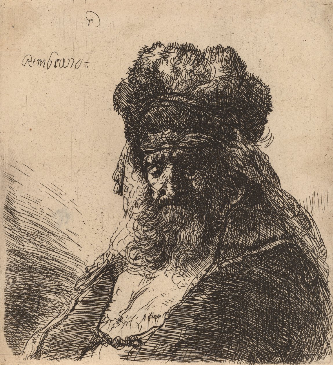 Gammal skäggig man i en hög pälsmössa, med slutna ögon, ca. 1635. av Rembrandt van Rijn