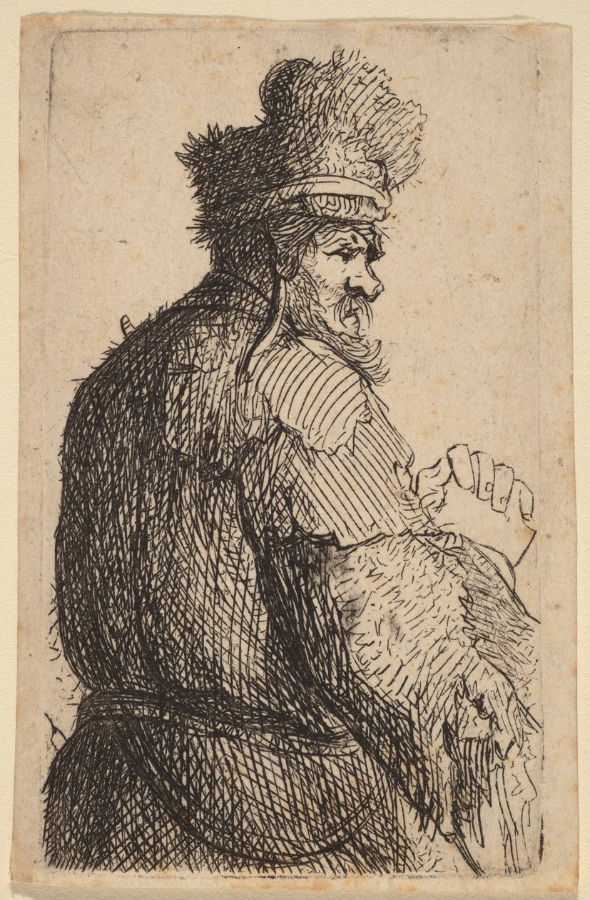 Gammal man sedd bakifrån, i profil åt höger av Rembrandt van Rijn