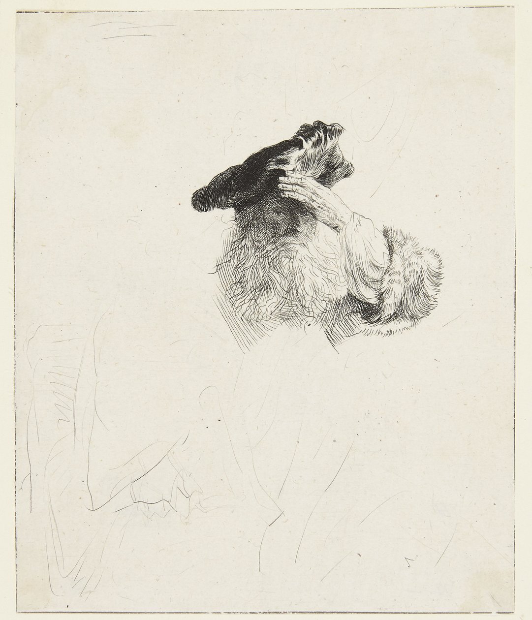 En gammal man som skuggar ögonen med handen av Rembrandt van Rijn