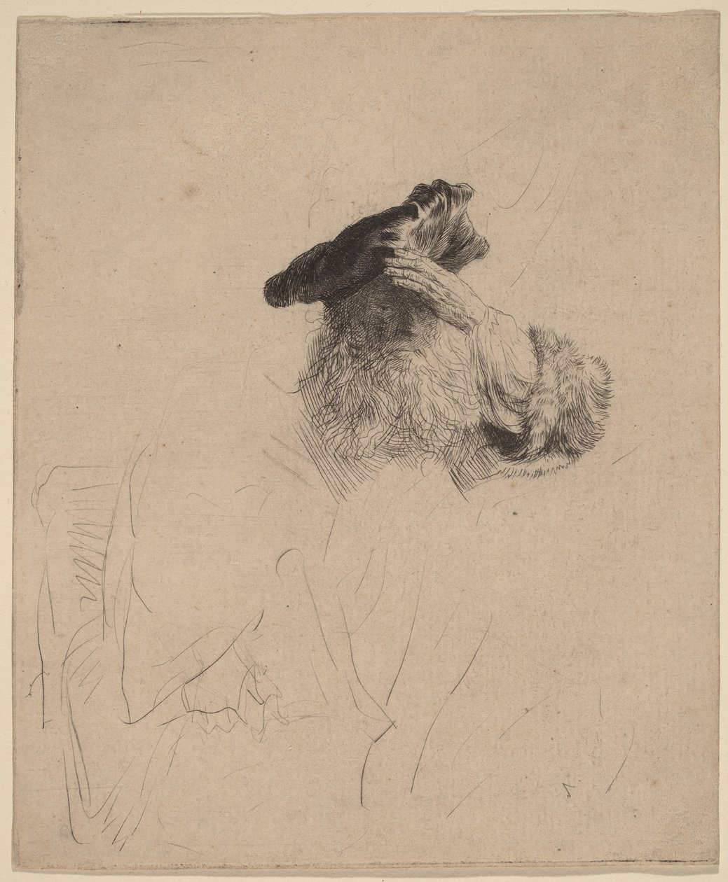 En gammal man som skärmar av solen med handen av Rembrandt van Rijn