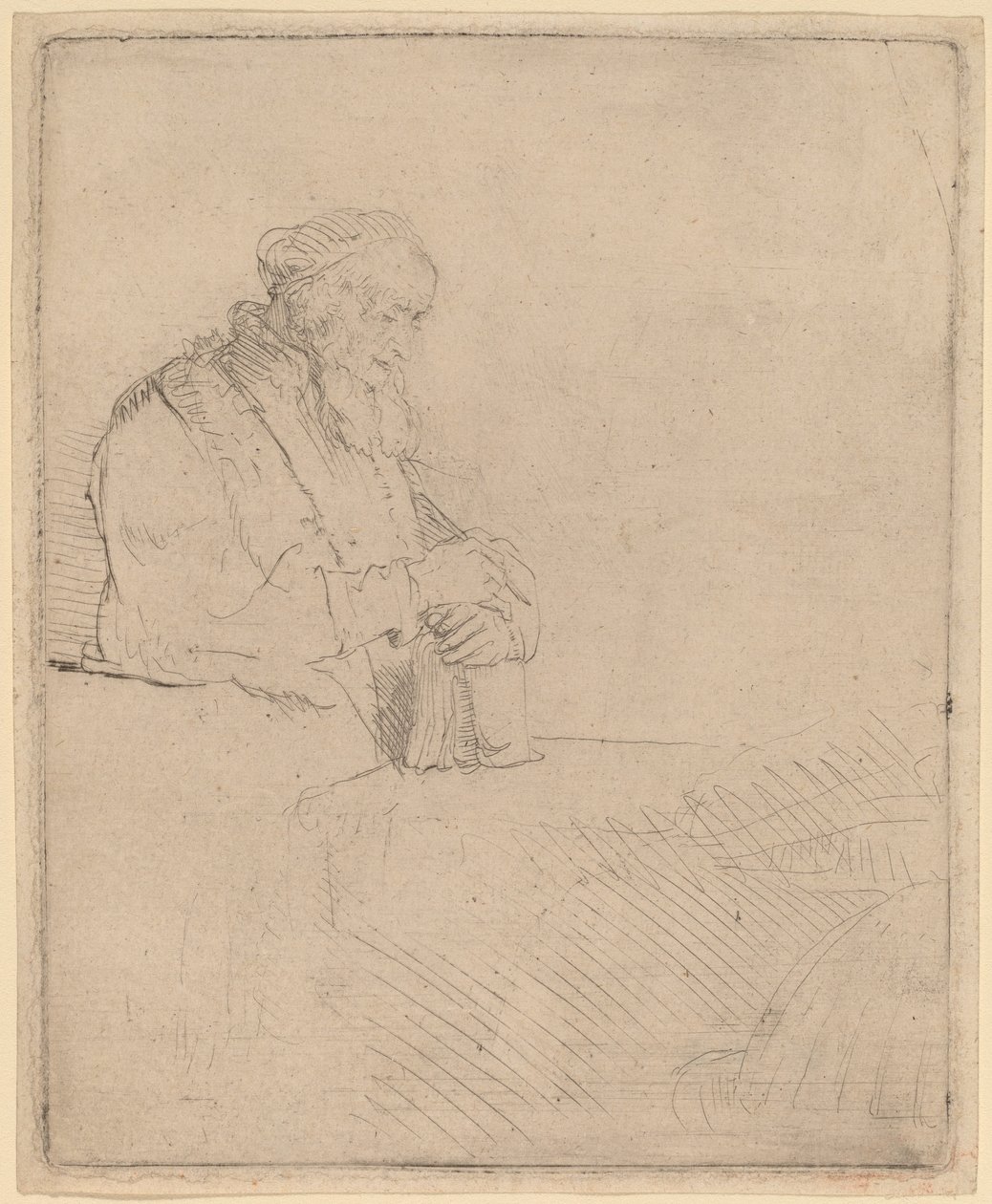 Gammal man i meditation, lutad mot en bok av Rembrandt van Rijn