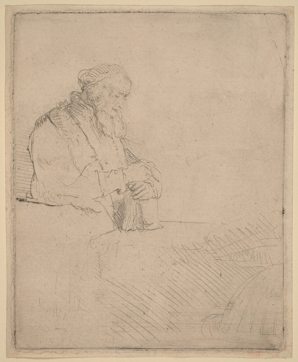 En äldre man i meditation, lutad mot en bok av Rembrandt van Rijn