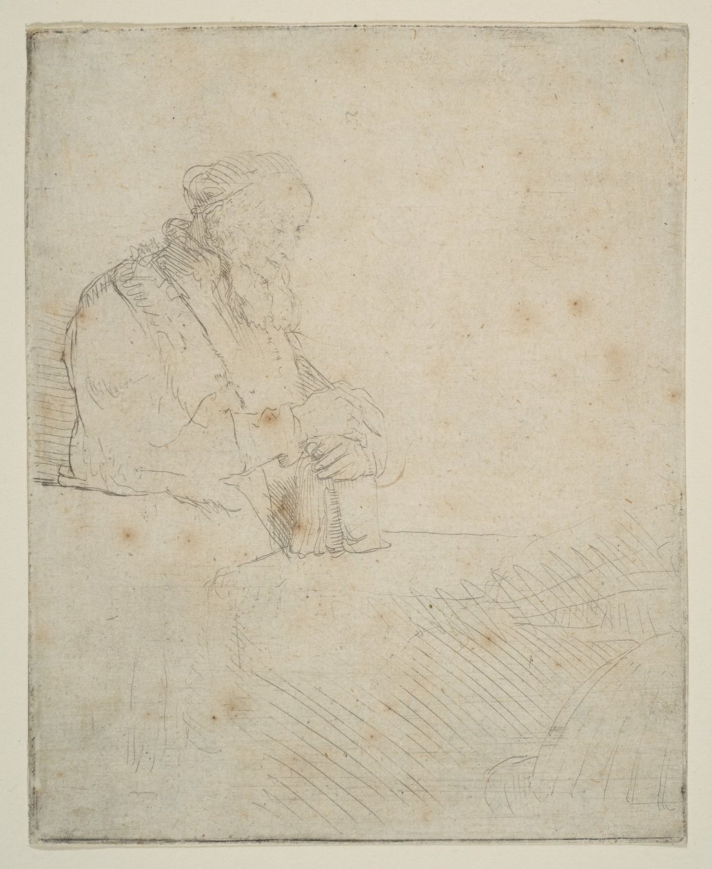 Gammal man i meditation, lutad mot en bok, ca. 1645. av Rembrandt van Rijn