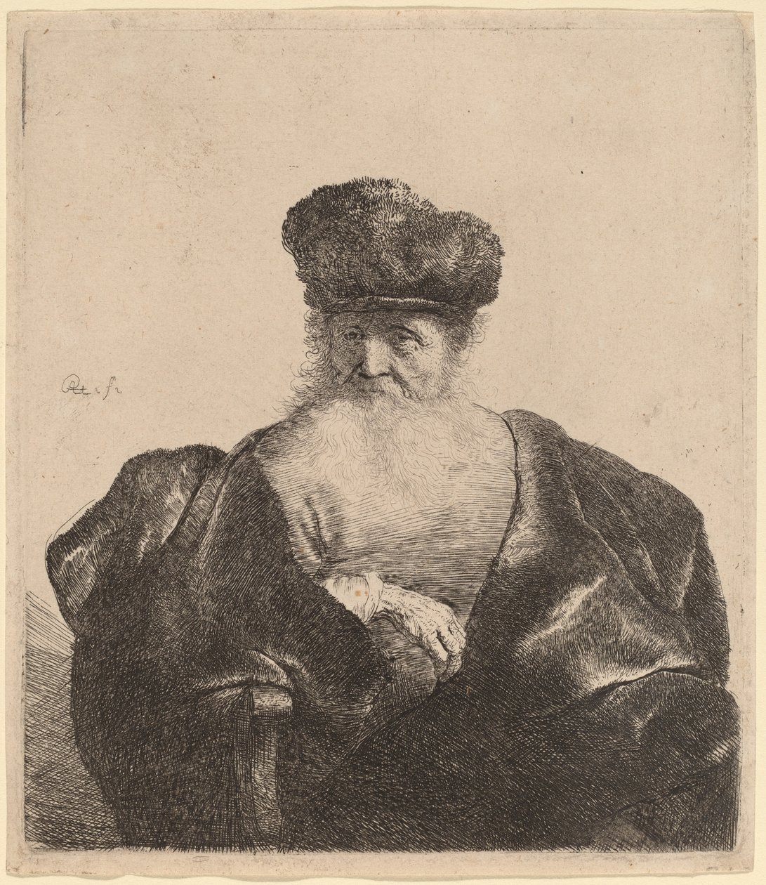 Gammal man med skägg, pälsmössa och sammetsmantel av Rembrandt van Rijn