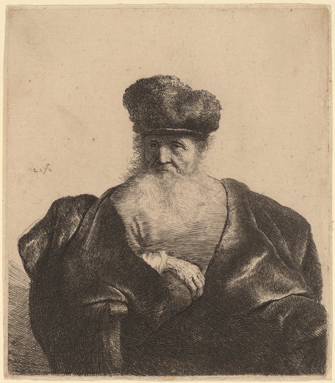 Gammal man med skägg, pälsmössa och sammetsmantel av Rembrandt van Rijn