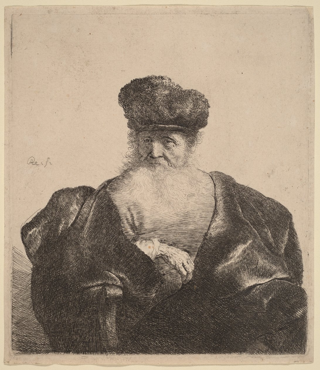Gammal man med skägg, pälsmössa och sammetsmantel av Rembrandt van Rijn