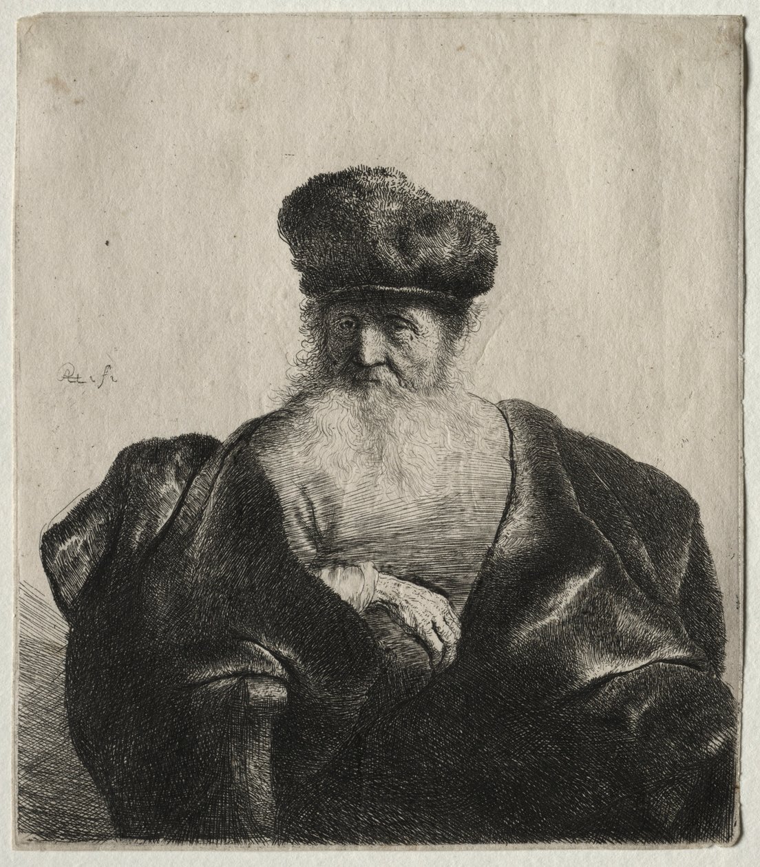 Gammal man med skägg, pälsmössa och sammetsmantel, ca. 1632. av Rembrandt van Rijn