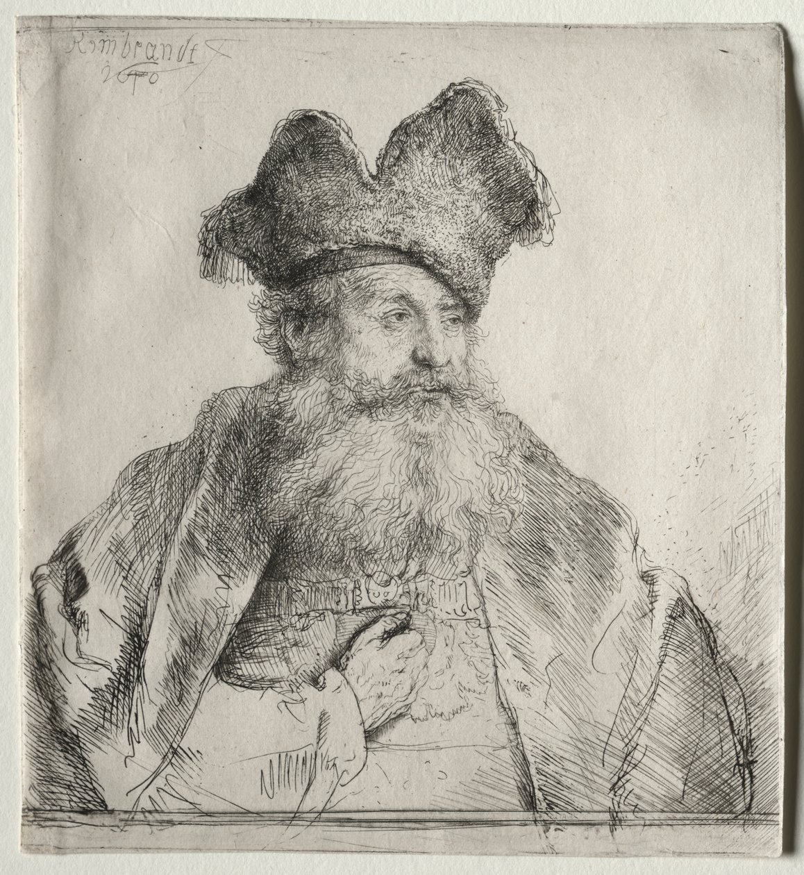 Gammal man med en delad pälsmössa av Rembrandt van Rijn