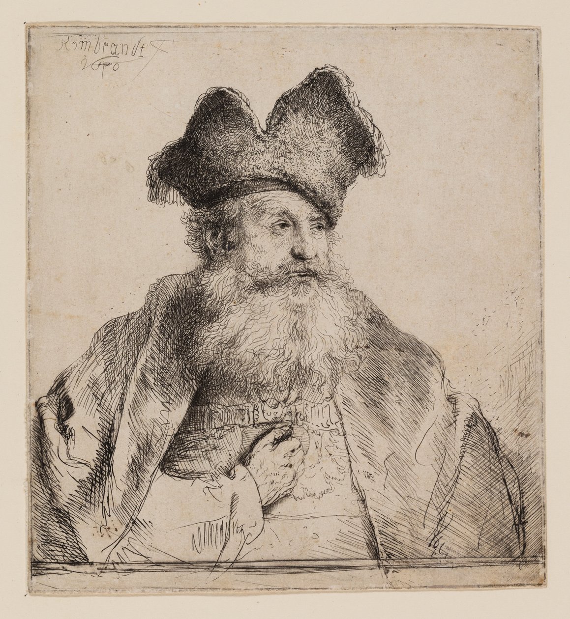 Gammal man med en delad pälsmössa av Rembrandt van Rijn