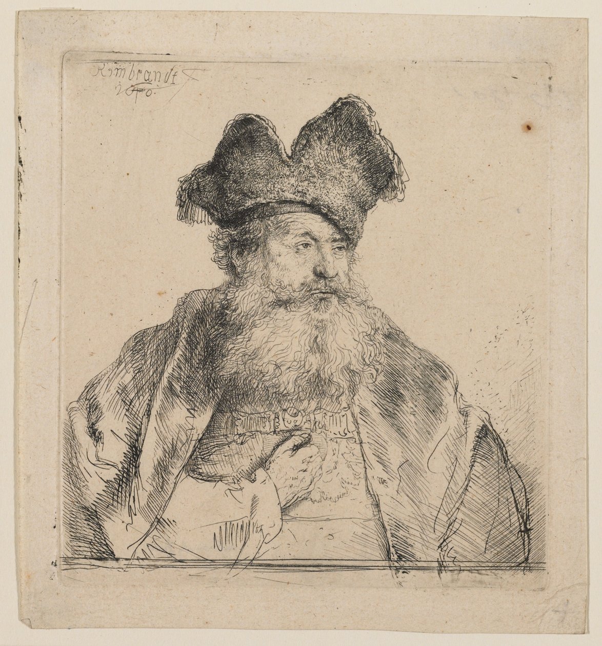 Gammal man med en delad pälsmössa av Rembrandt van Rijn