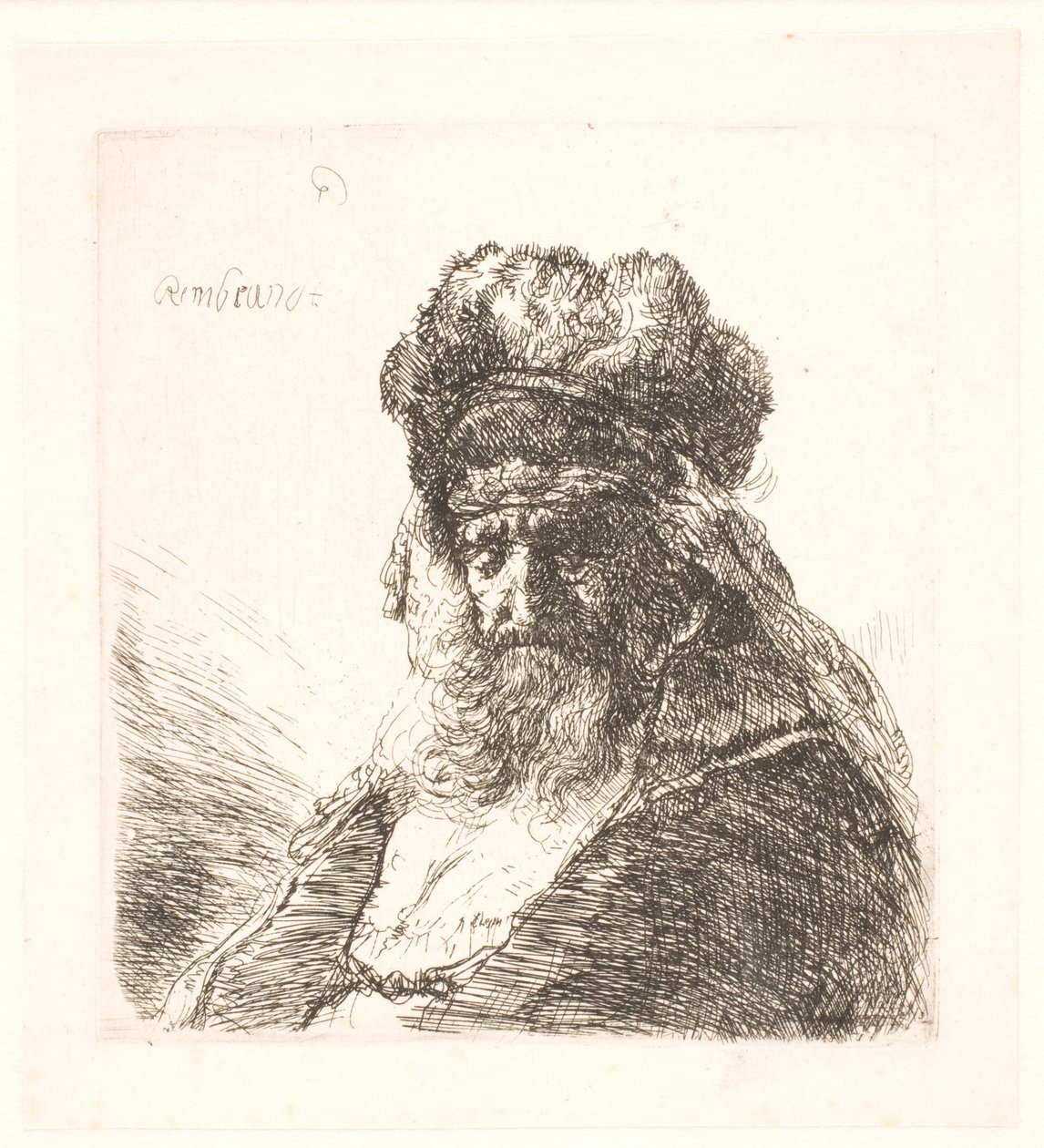 Gammal skäggig man i en hög pälsmössa, med slutna ögon av Rembrandt van Rijn