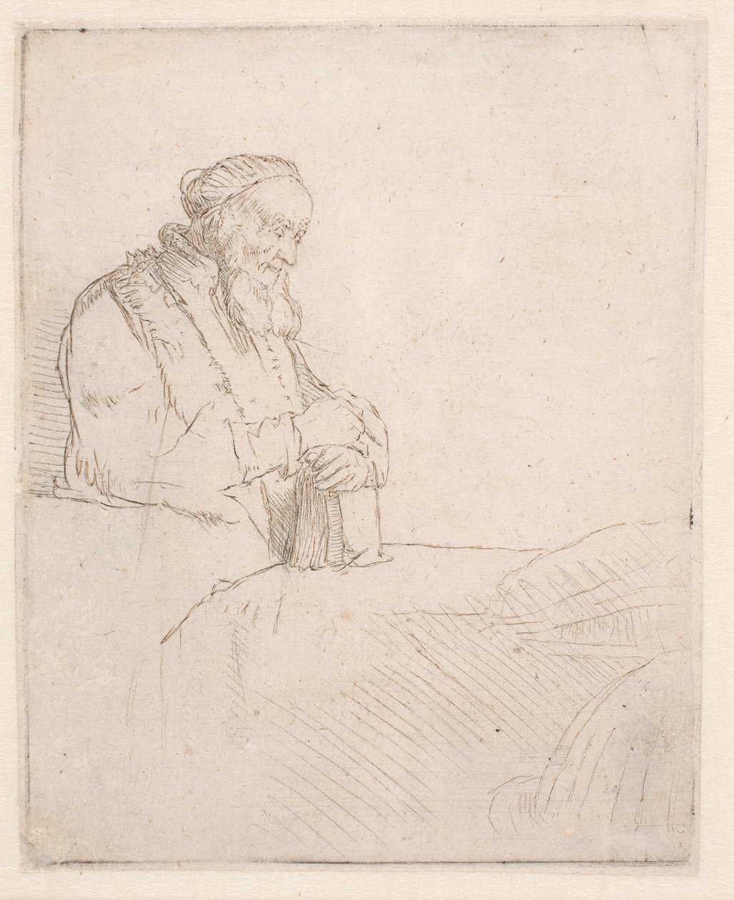 En äldre man som mediterar, lutad mot en bok av Rembrandt van Rijn