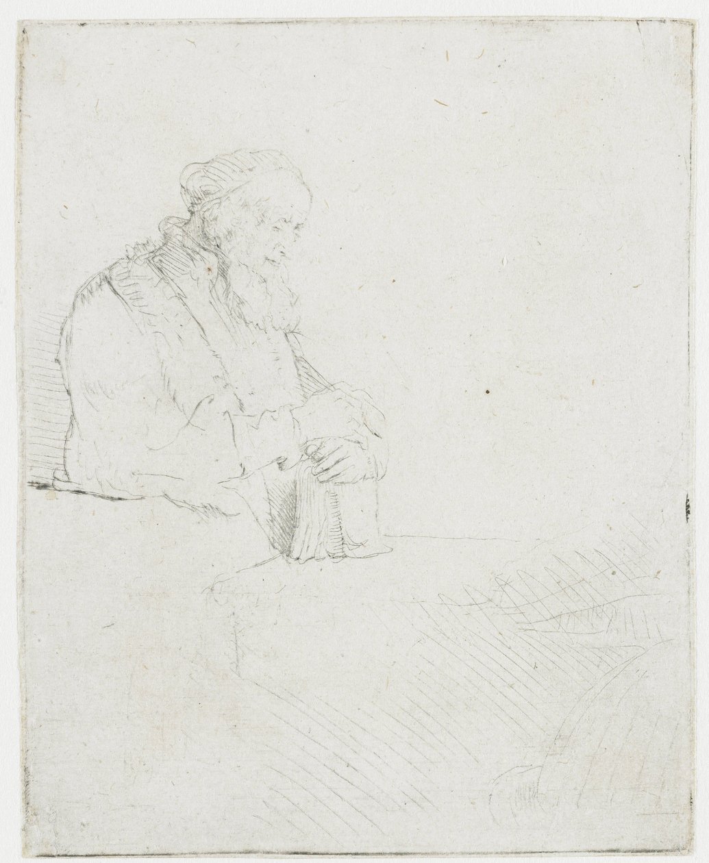 En äldre man som mediterar, lutad mot en bok av Rembrandt van Rijn
