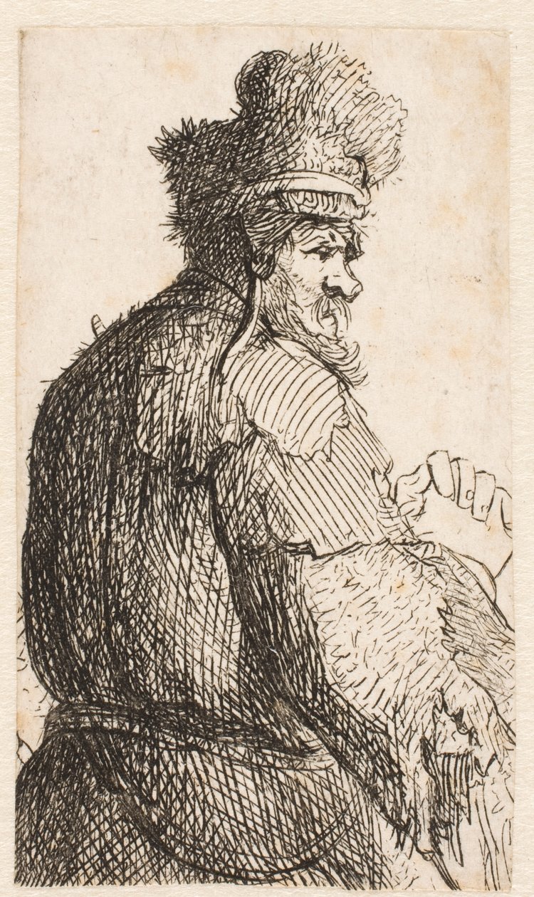Äldre man sedd bakifrån: i profil åt höger: halvfigur av Rembrandt van Rijn