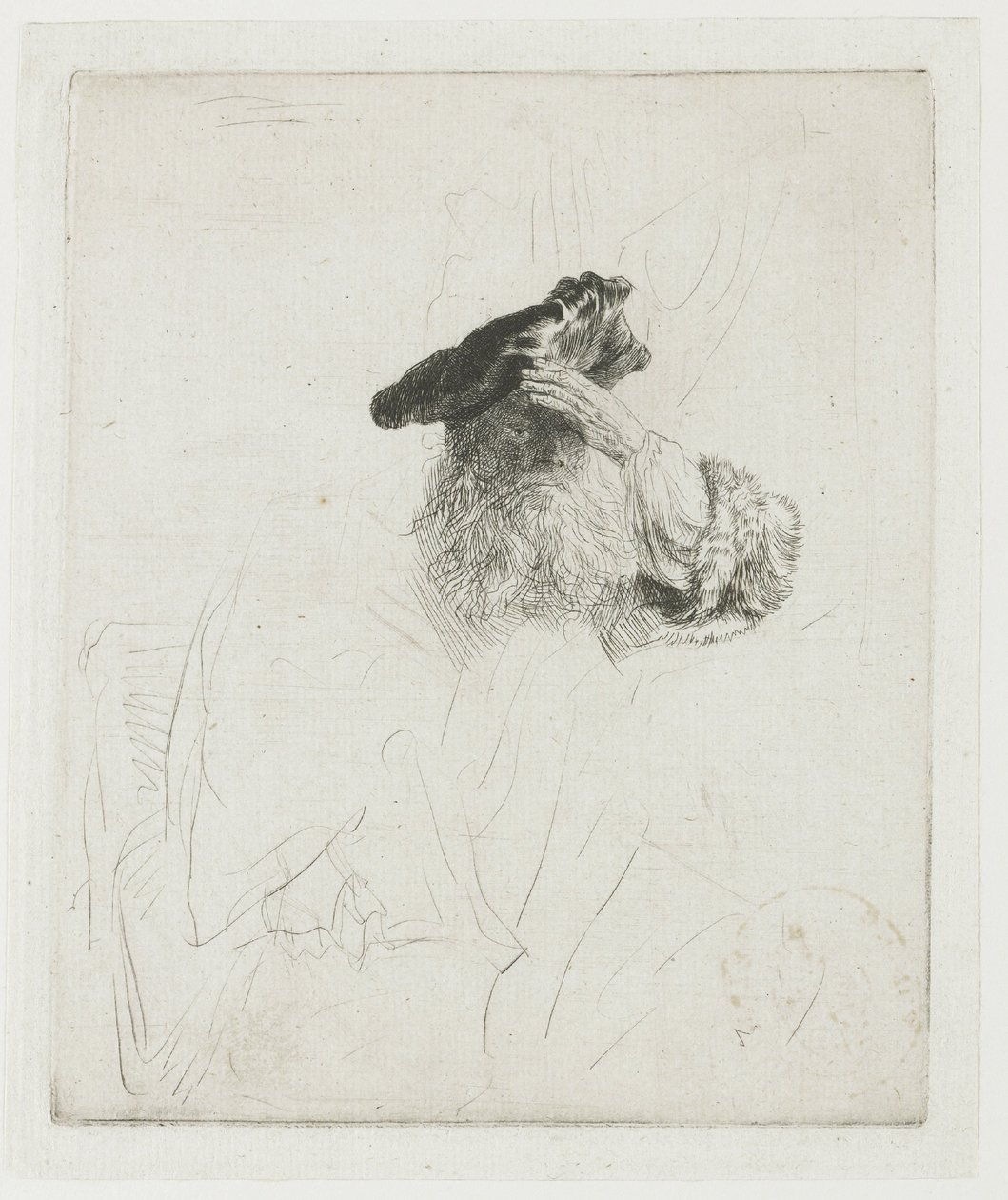 En äldre man som skuggar ögonen med handen av Rembrandt van Rijn