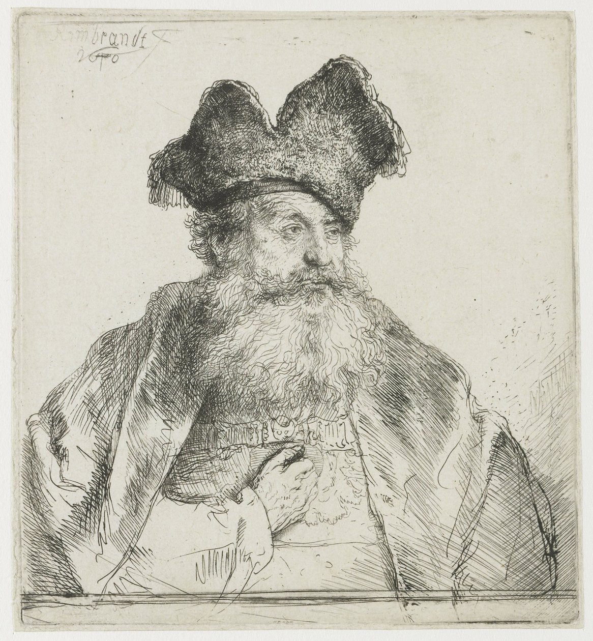 Gammal man med en delad pälsmössa av Rembrandt van Rijn