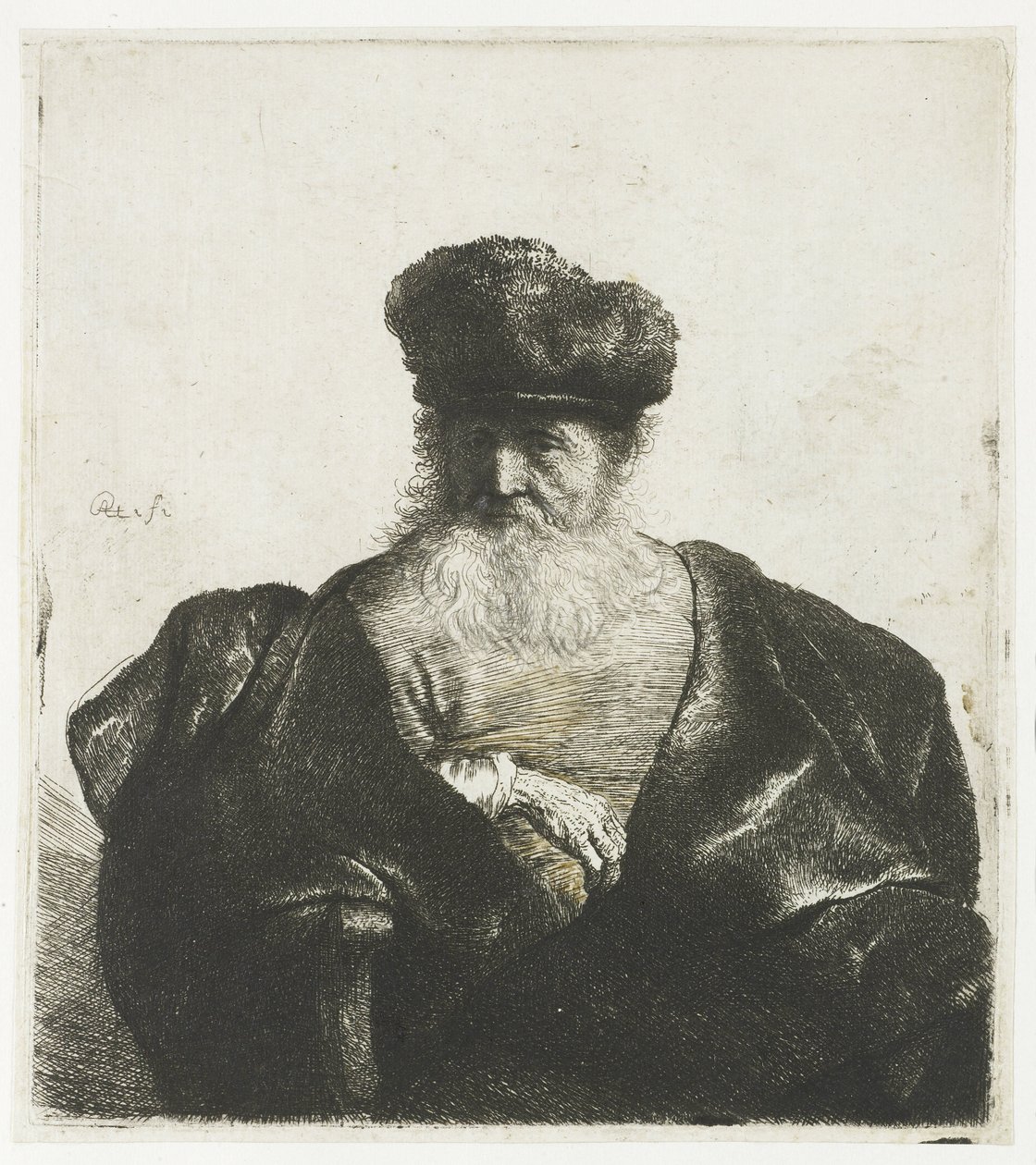 Gammal man med skägg, pälsmössa och sammetsmantel av Rembrandt van Rijn