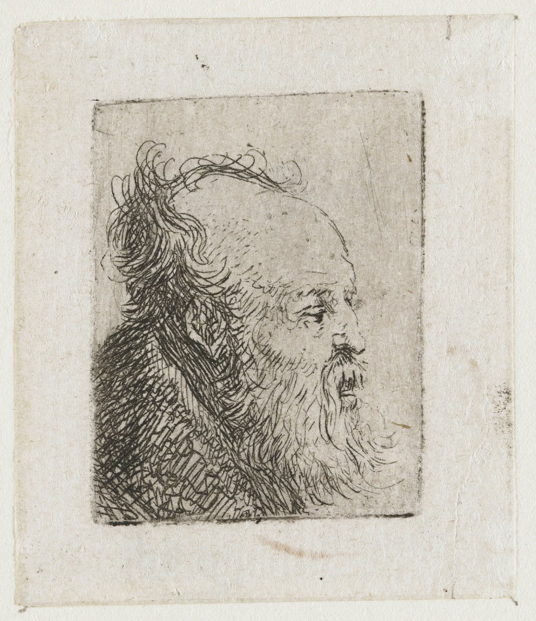 En gammal, skäggig man med munnen halvöppen av Rembrandt van Rijn