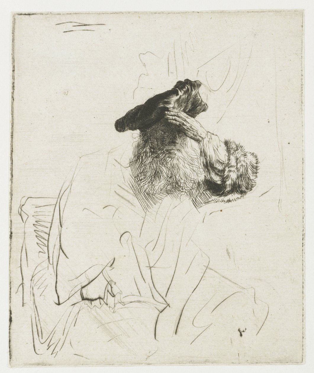En äldre man som skuggar ögonen med handen av Rembrandt van Rijn