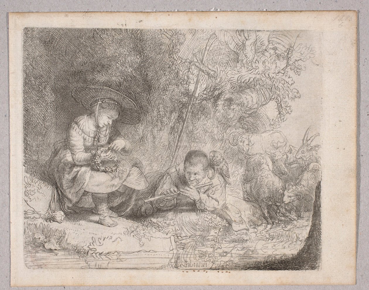 En herde som spelar flöjt (Omvals vy med en herde och en flöjtspelare) av Rembrandt van Rijn