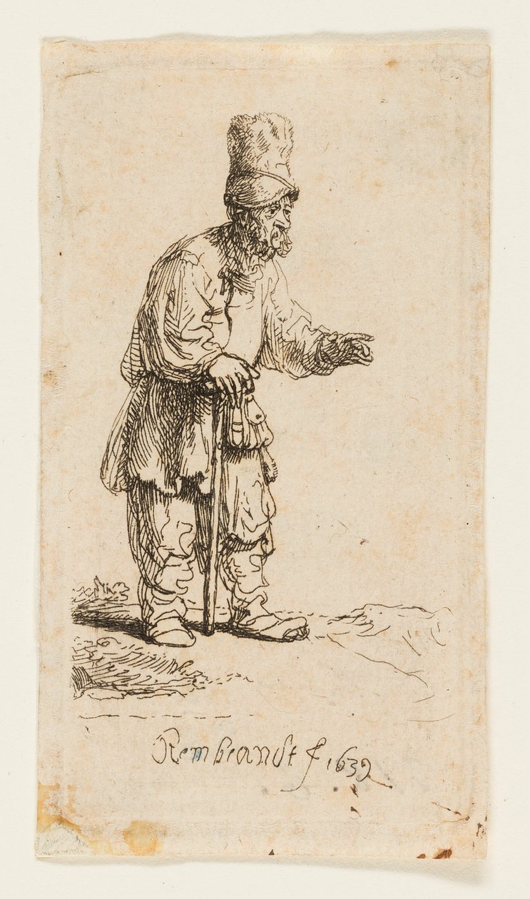 Bonde i hög mössa, stående lutad på en pinne av Rembrandt van Rijn