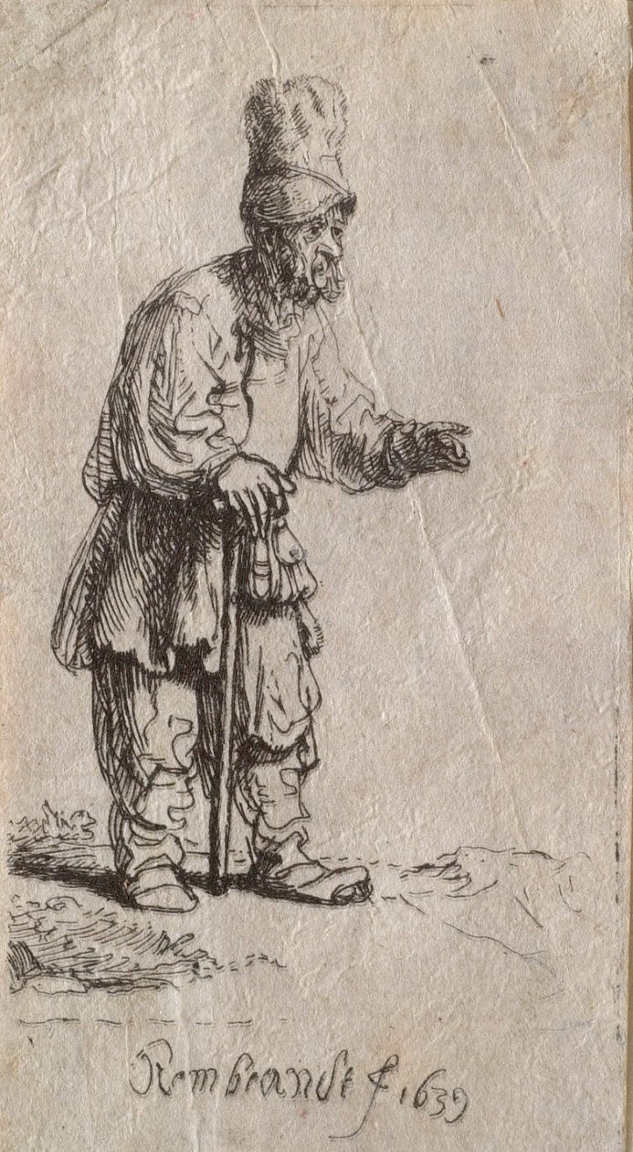 Bonde med hög mössa, stående och lutande mot en käpp av Rembrandt van Rijn