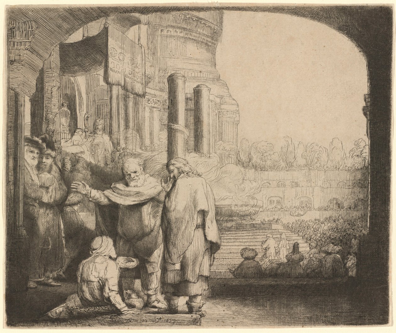 Petrus och Johannes botar den lame vid tempelporten av Rembrandt van Rijn