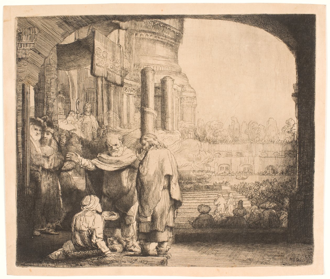 Petrus och Johannes botar krymplingen vid templets port av Rembrandt van Rijn